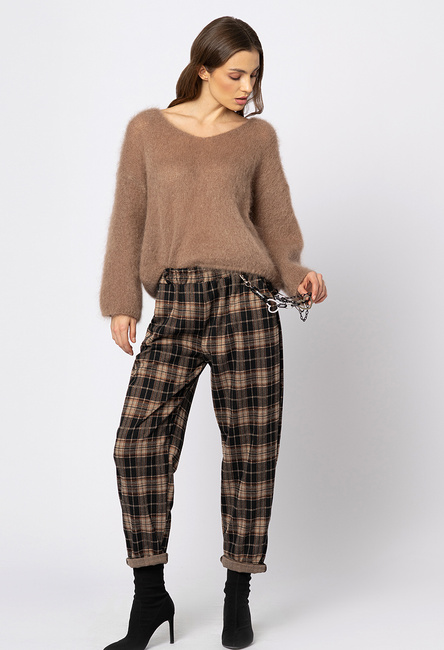 Czarne spodnie w beżową kratę z odpinanym łańcuchem