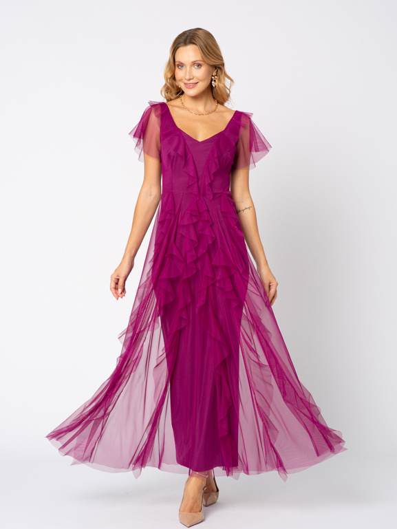 Sukienka z purpurowej siatki z falbanami Malou