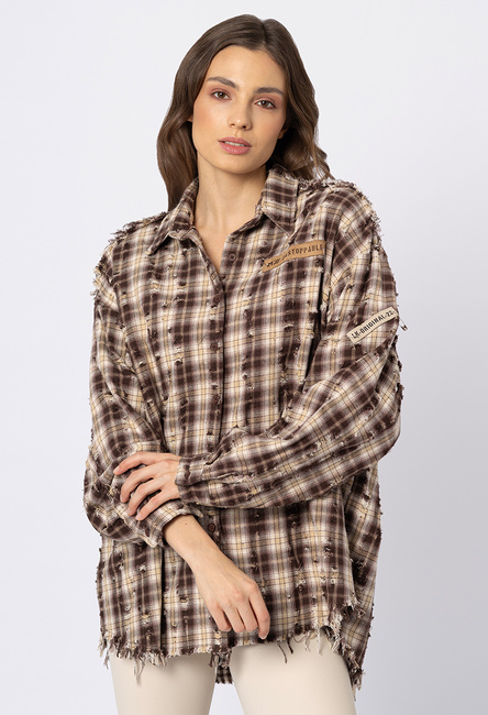 Brązowa koszula w kratę z przetarciami