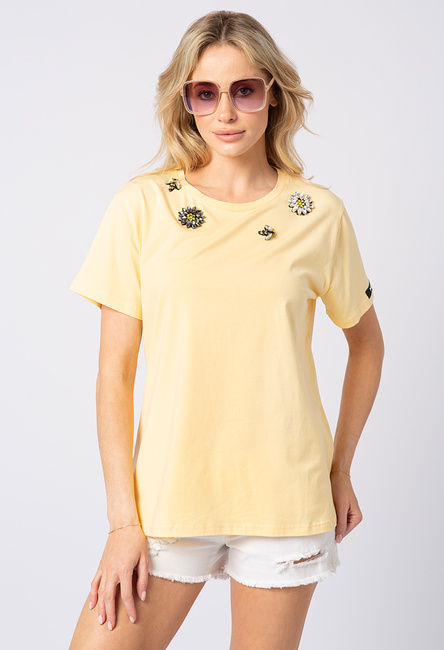 Żółty t-shirt z pszczółkami i kwiatkami kryształowymi