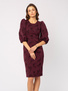 Burgundowa sukienka z czarnym flokowym wzorem i bufiastym rękawem Agnès