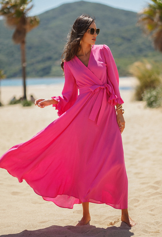 Różowa sukienka z szerszym rękawem wiskoza z lnem Pollyanna