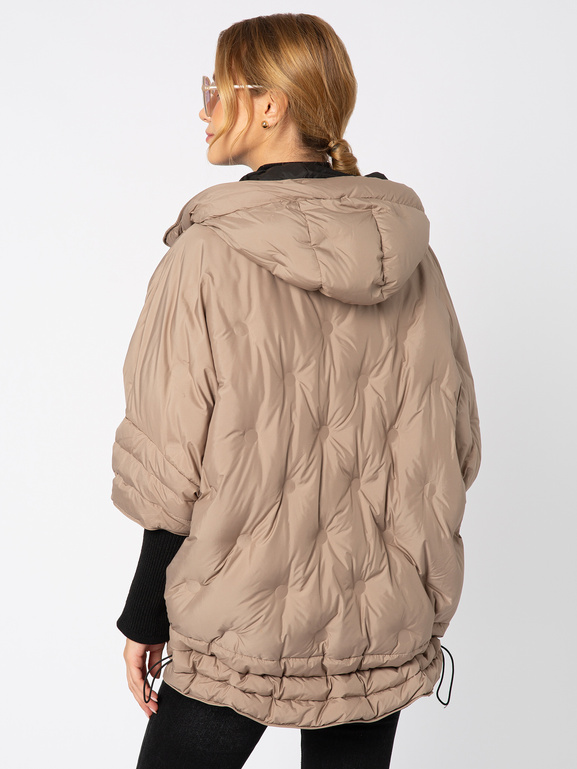 Beżowa puchowa kurtka z kapturem i rękawem ze ściągacza