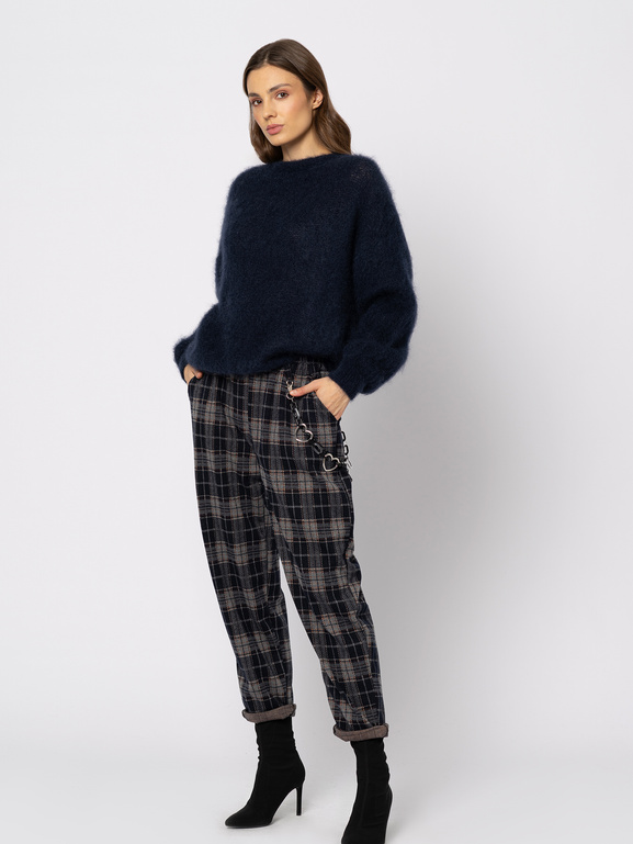 Granatowe spodnie w niebieską kratę z odpinanym łańcuchem