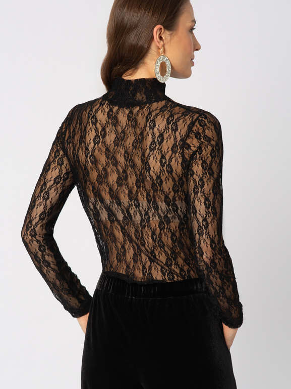 Transparentny czarny golf z elastycznej koronkowej siatki