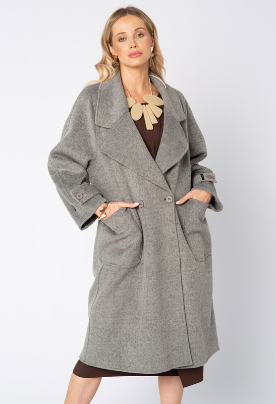 Szary wełniany płaszcz z dużymi kieszeniami bez podszewki