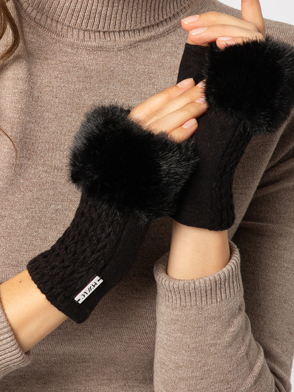 Czarne rękawiczki mitenki warkocz z eco futerkiem