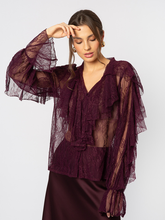 Koronkowa koszula z falbanami w kolorze oberżyny