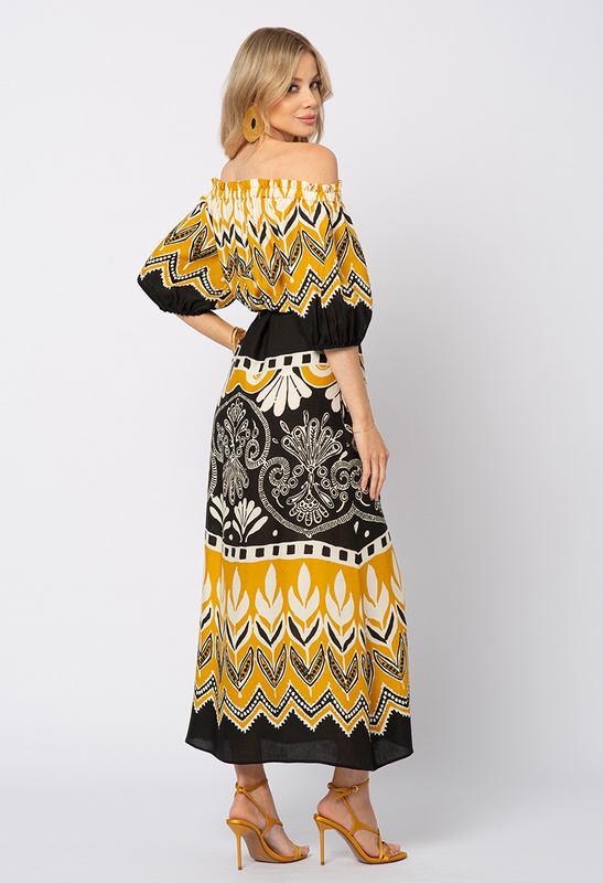 Wiskozowo lniania sukienka w żółto-czarne wzory Amber