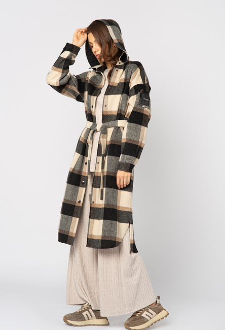 Długa koszula w beżowo/czarną kratę Rennes