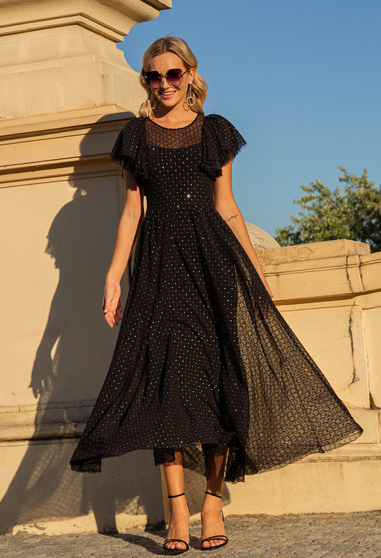 Długa czarna sukienka z falbanami na rękawie Jacqueline