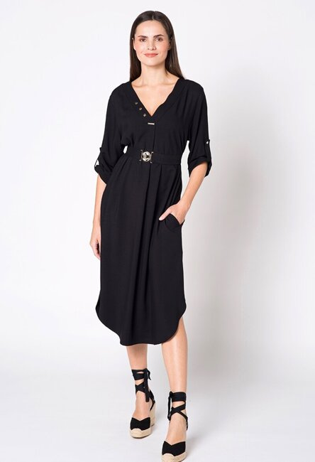 Czarna sukienka z wiskozy z paskiem z klamrą Ávila