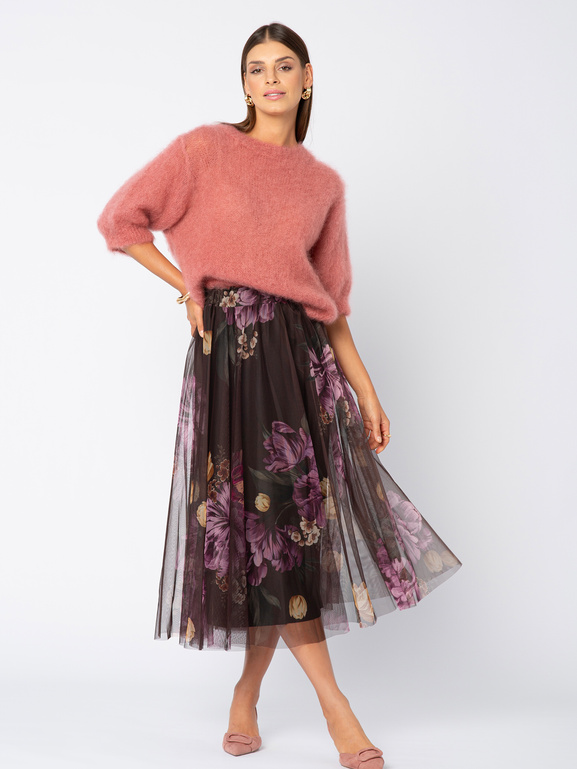Brązowa tiulowa spócnica w fioletowe kwiaty