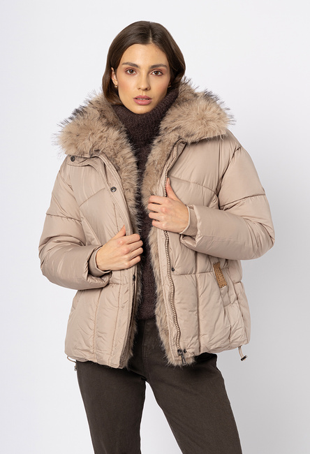 Beżowa kurtka z konierzem z eco futra