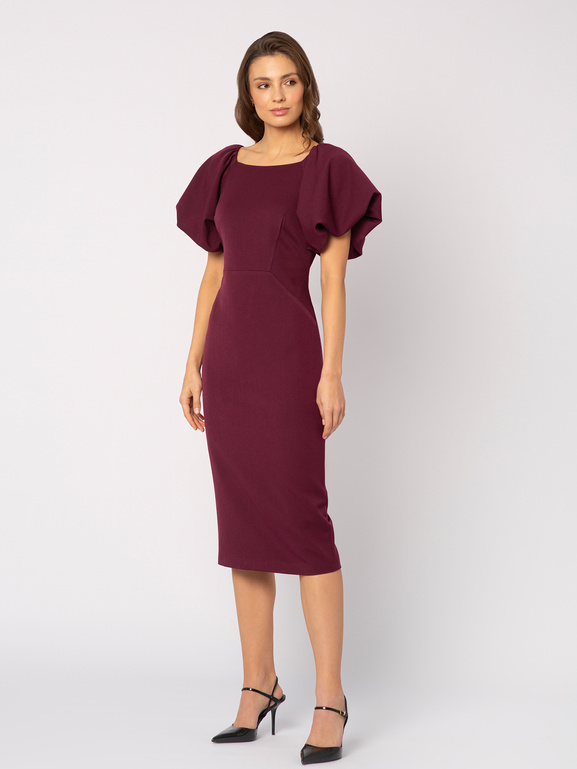 Burgundowa sukienka z bufkami Meghan