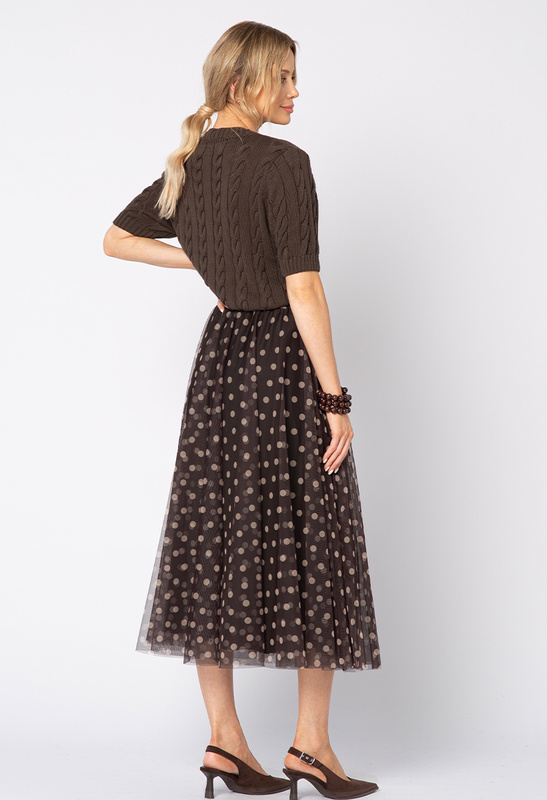 Tiulowa brązowa spódnica w beżowe groszki
