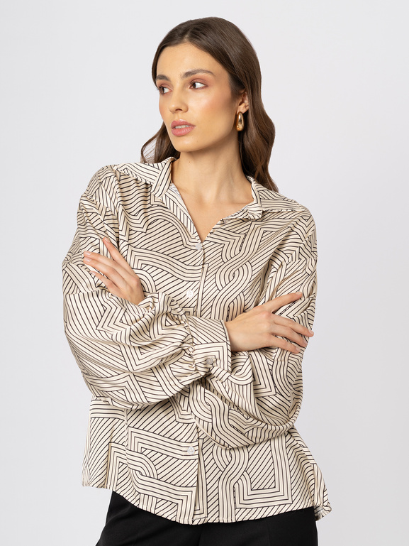 Ecru wiskozowa koszula w geometryczny wzór