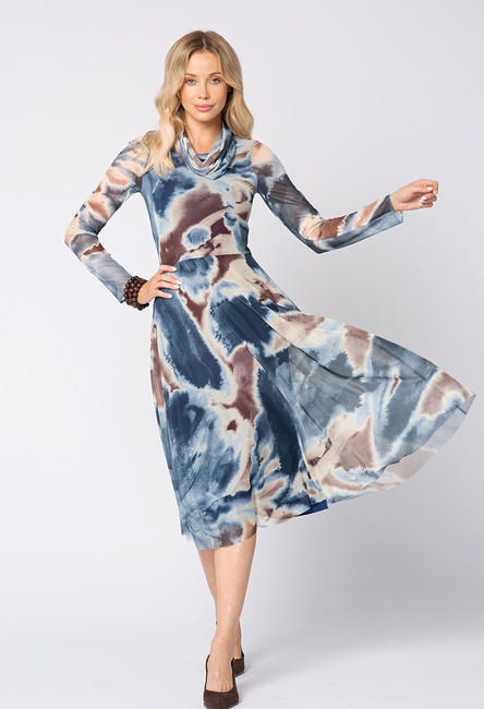 Sukienka z niebiesko-brązowej siatki z kominem Déborah