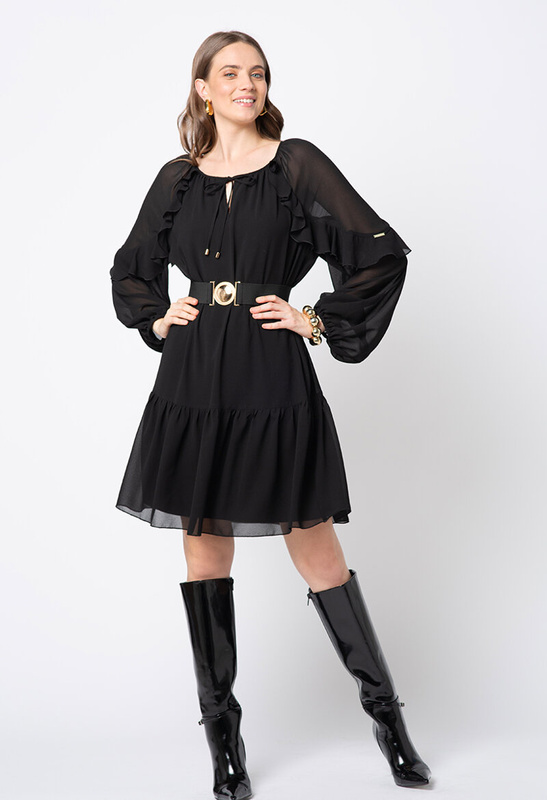 Czarna szyfonowa sukienka z falbanami na rękawach Noëlle