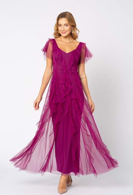 Sukienka z purpurowej siatki z falbanami Malou