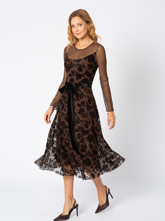 Brązowa sukienka z siatki w czarny welurowy wzór Marguerite