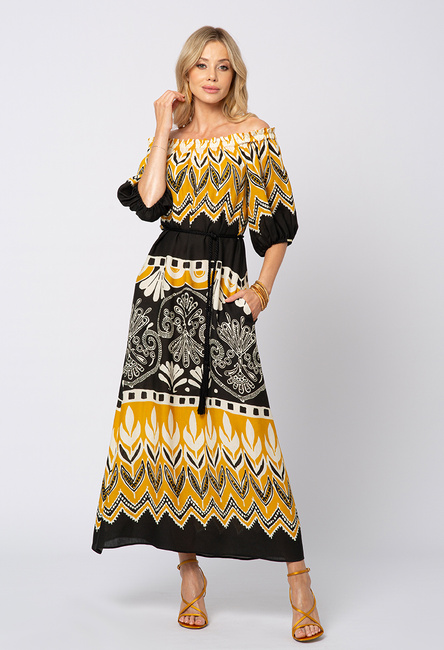 Wiskozowo lniania sukienka w żółto-czarne wzory Amber