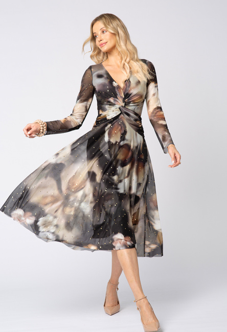 Czarna sukienka w beżowo-złote wzory z drapowaniem w talii Aurore
