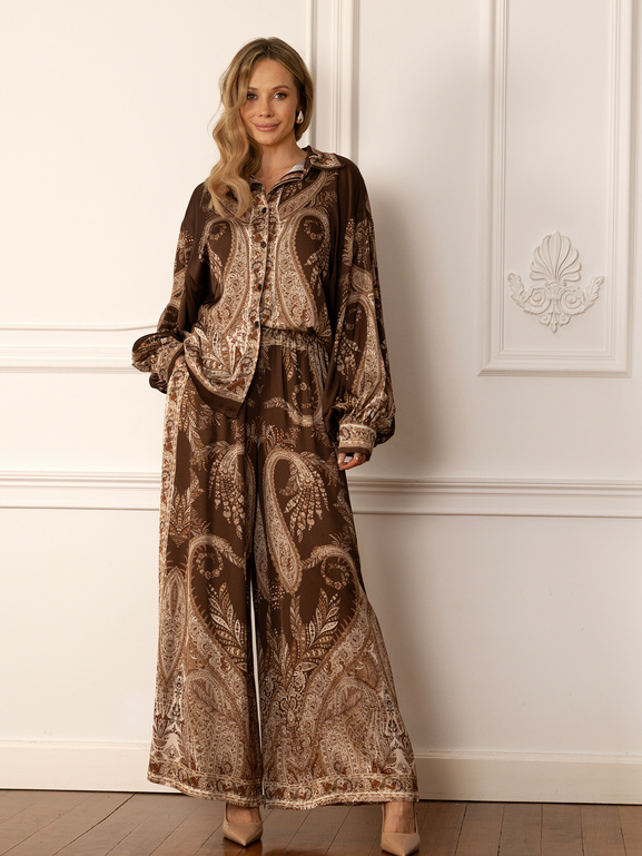 Brązowa koszula z wiskozy w beżowy wzór