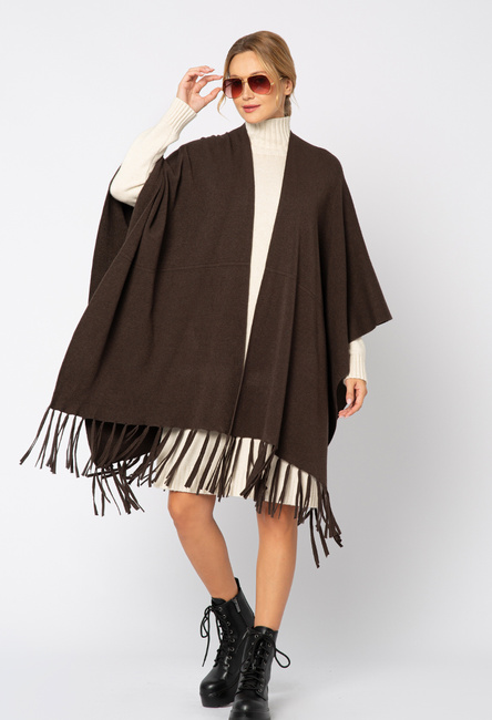 Brązowy sweter ponczo z frędzlami