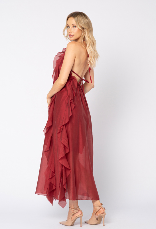 Długa bordowa sukienka z tencelu