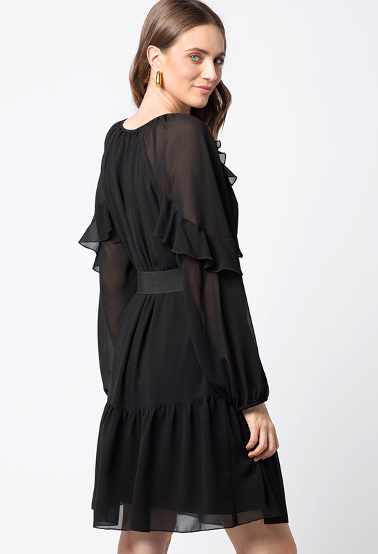 Czarna szyfonowa sukienka z falbanami na rękawach Noëlle