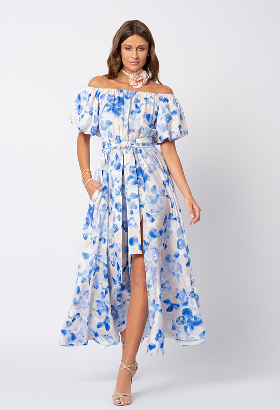 Sukienka w niebieskie kwiaty z bufiastym rękawkiem Malia