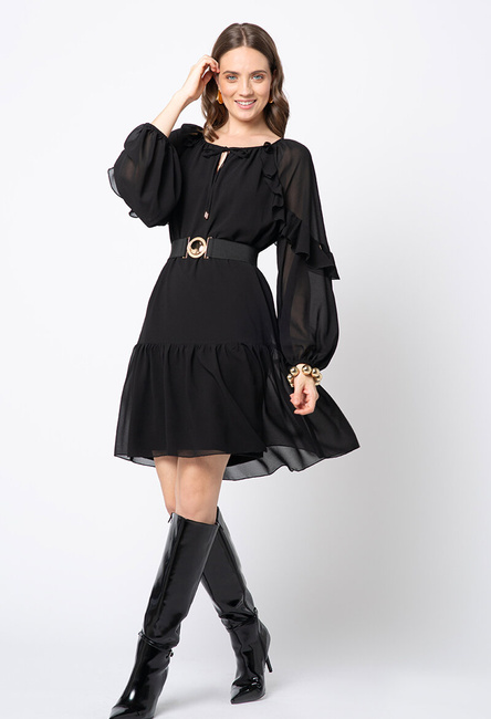 Czarna szyfonowa sukienka z falbanami na rękawach Noëlle