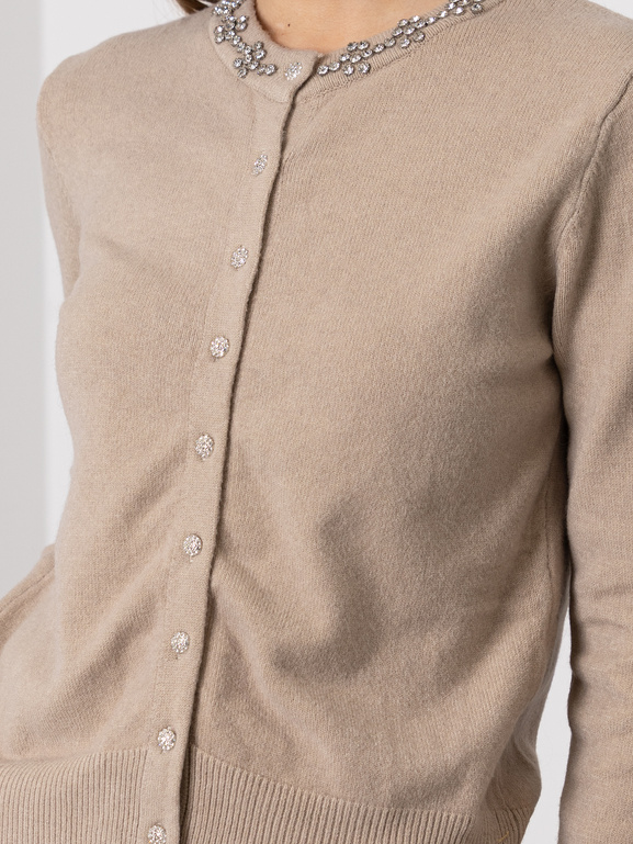 Kardigan damski z ozdobnym dekoltem beżowy