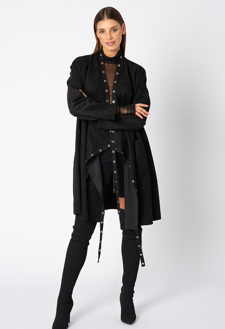 Czarny kardigan z ozdobnymi taśmami