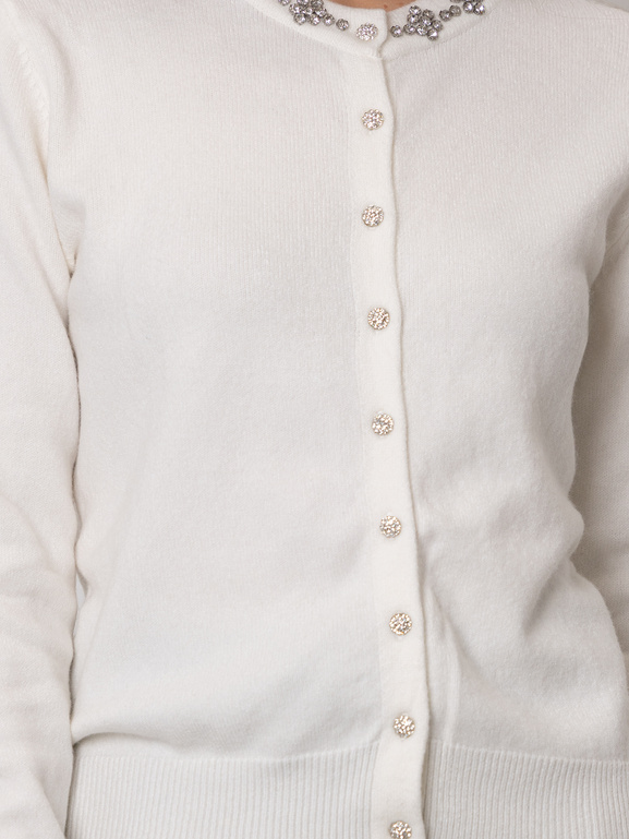 Kardigan damski z ozdobnym dekoltem ecru