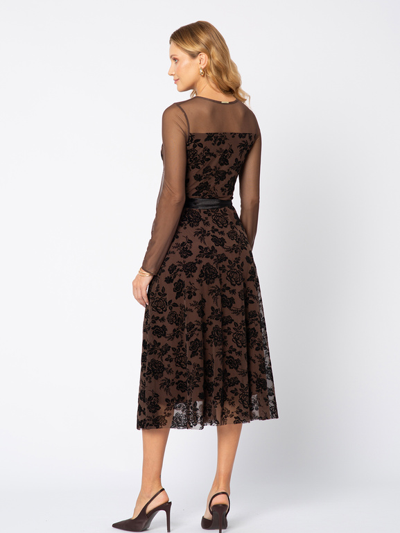 Brązowa sukienka z siatki w czarny welurowy wzór Marguerite