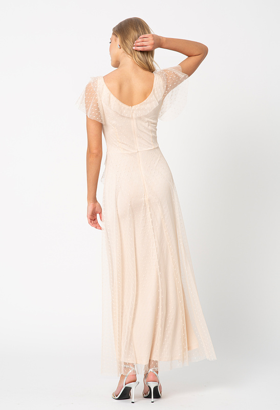 Beżowa sukienka z siatki w groszki Malou