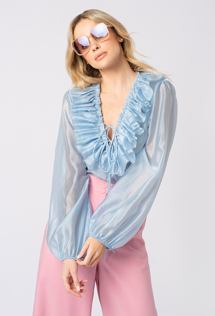 Niebieska bluzka z lyocellu w serek z żabotem