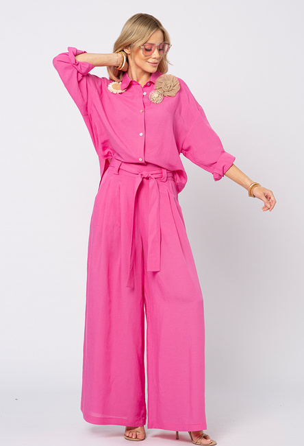 Różowe szerokie spodnie z wiązaniem wiskoza z lnem Miyu