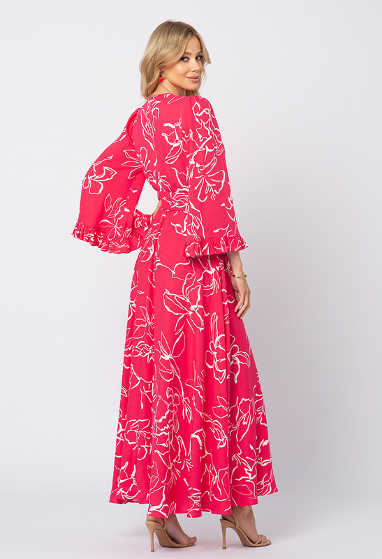 Czerwona sukienka z wiskozy w kwiatowy wzór z rozkloszowanym rękawem Penelope
