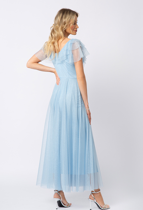 Sukienka z błękitnej siatki gliter z ozdobną klamrą Florence