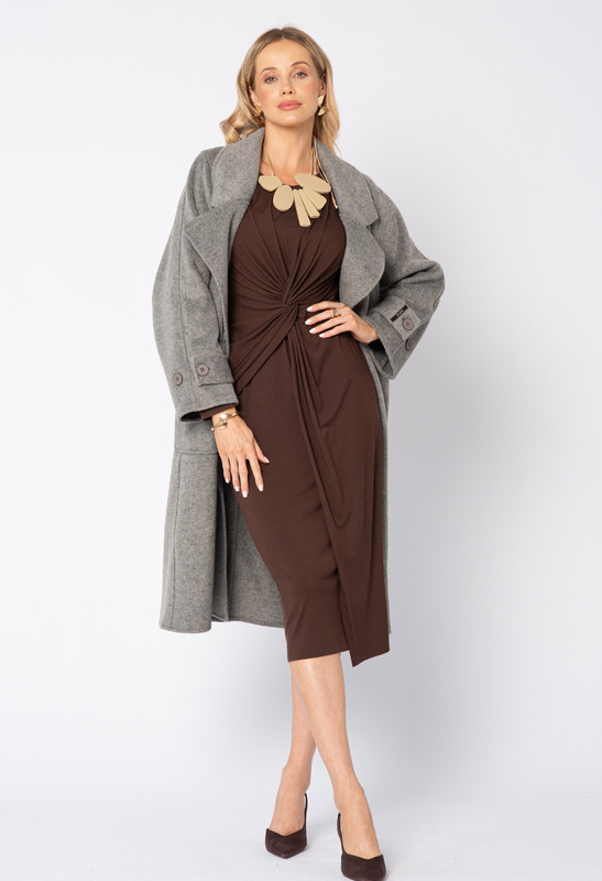 Szary wełniany płaszcz z dużymi kieszeniami bez podszewki