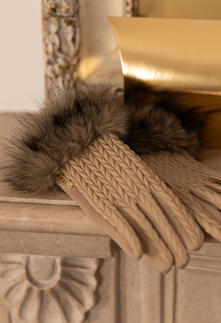 Beżowe rękawiczki warkocz z eco futerkiem