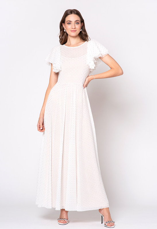 Długa sukienka ecru z falbanami na rękawie Jacqueline