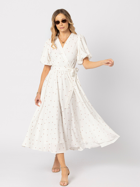 Biała sukienka z beżowe kropki