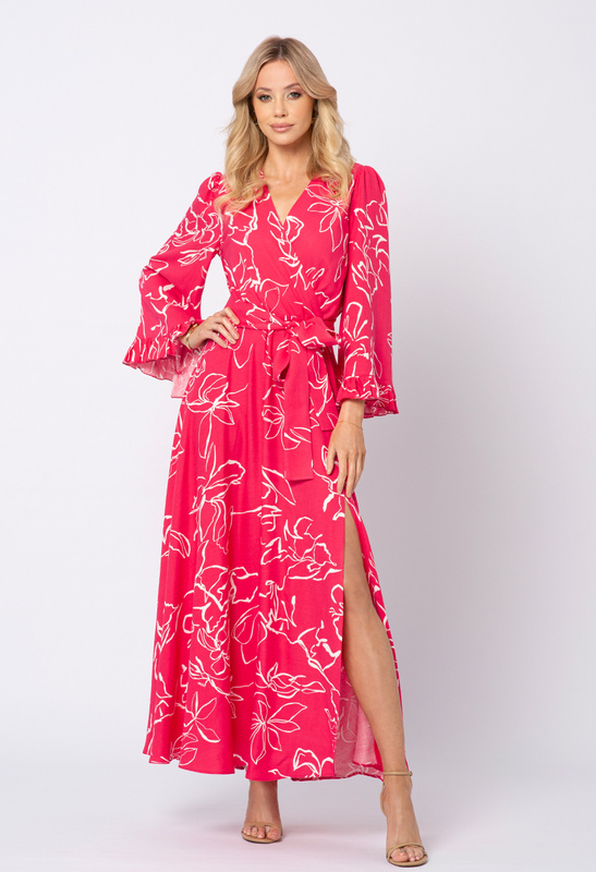 Czerwona sukienka z wiskozy w kwiatowy wzór z rozkloszowanym rękawem Penelope