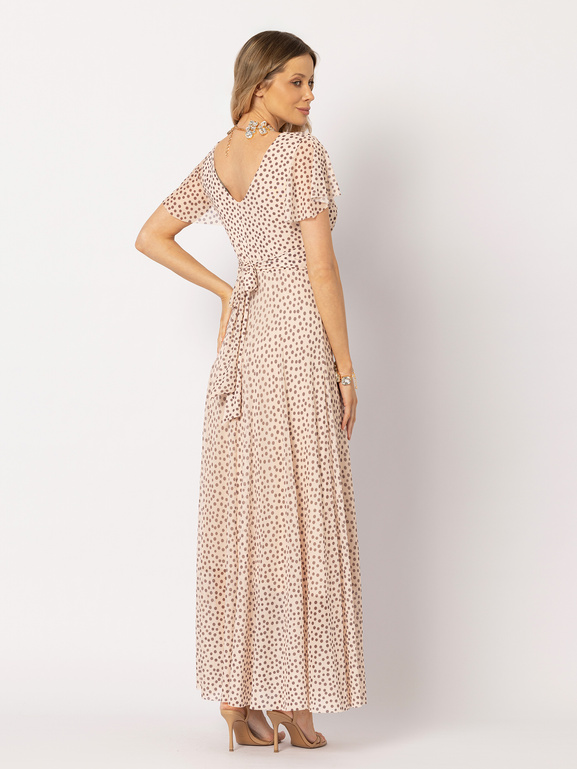 Nakrapiana beżowa sukienka z dekoltem w serek