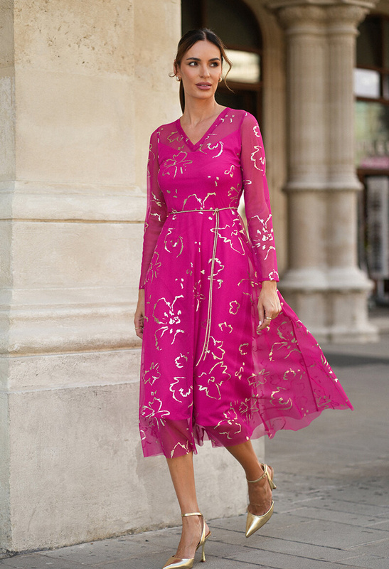 Sukienka z różowej siatki ze złotym drukiem i paseczkiem Calabria