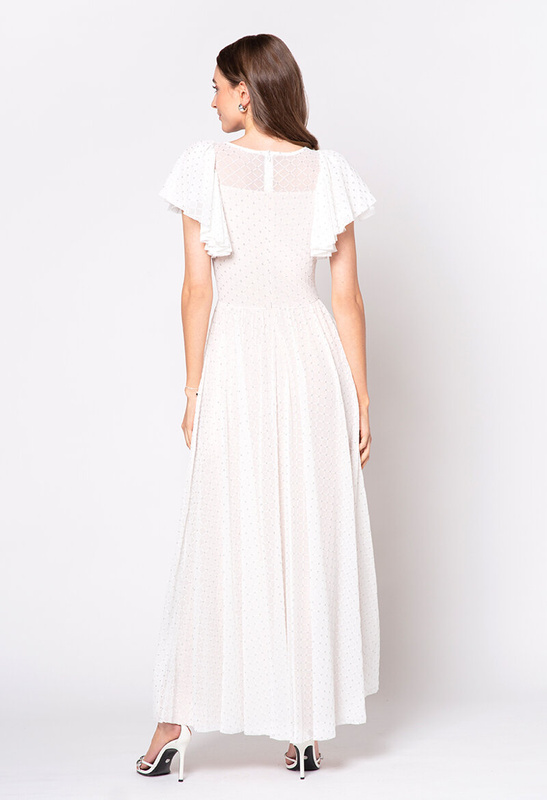 Długa sukienka ecru z falbanami na rękawie Jacqueline